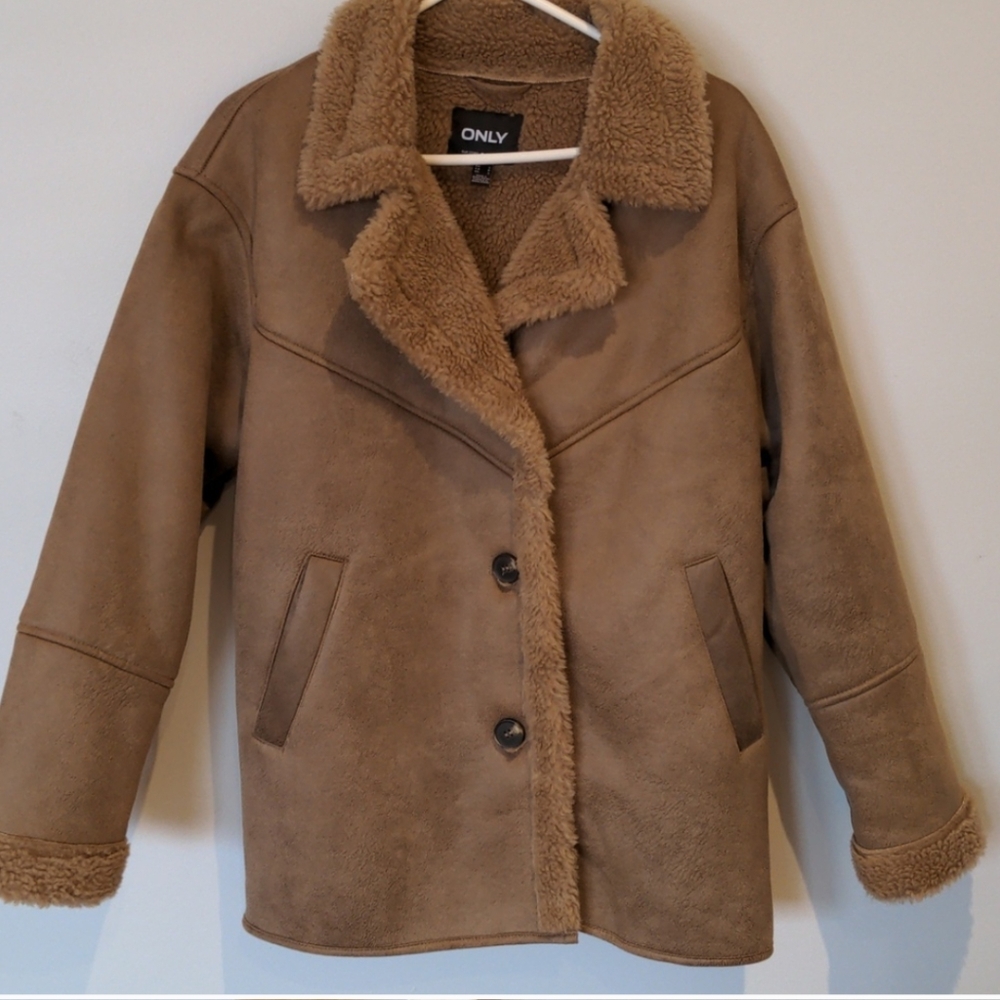 ONLY Taupe Brown Sherpa Faux Suede Jacket Coat Size Small NWT